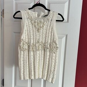 Zara White Knit Top with Pearl Embellishments